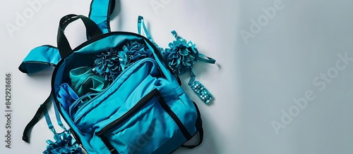 Porcelain white background, teal blue backpack filled with competitive cheerleading outfits and accessories, text space, overhead shot.