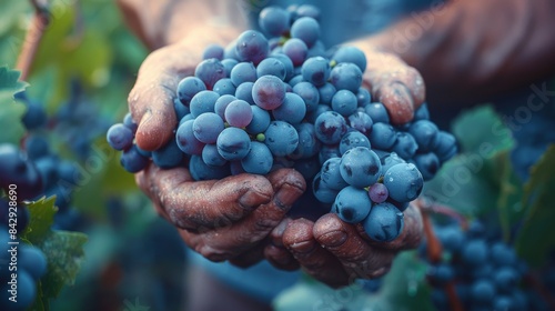 Close-up of weathered hands holding a cluster of freshly harvested grapes with dew
