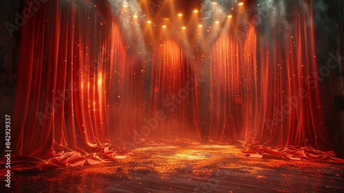 A luxuriously decorated stage with lush red curtains and a sparkling floor, exuding elegance and sophistication