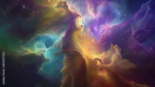 4. Set against the backdrop of the universe's infinite expanse, a colorful galaxy cloud nebula glimmers and shimmers with cosmic energy, its swirling tendrils and vibrant hues creating a captivating