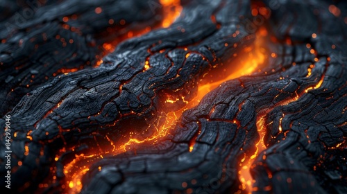 Macro shot of vivid glowing lava beneath the surface of cooled, cracked volcanic rock