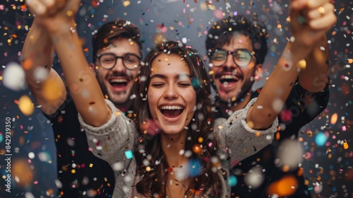 A joyful group of young adults express happiness during a confetti party celebration with wide smiles