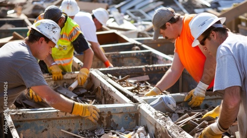 A group of workers carefully sorting and separating various construction debris including wood metal and concrete into designated recycling bins.