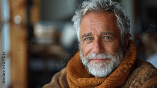 Detailed close-up of a senior man with a warm smile and stylish scarf against a background