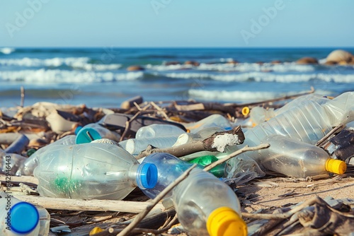 garbage and plastic bottles thrown onto the seashore. nature pollution