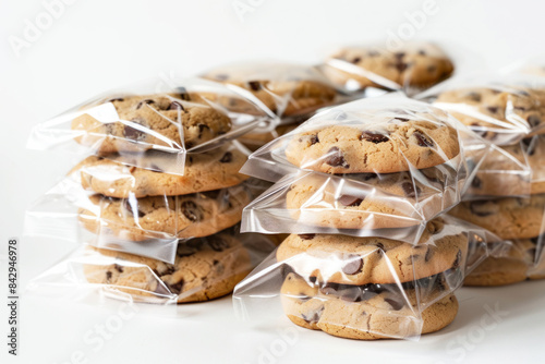 Chocolate chip cookies packed in clear bags