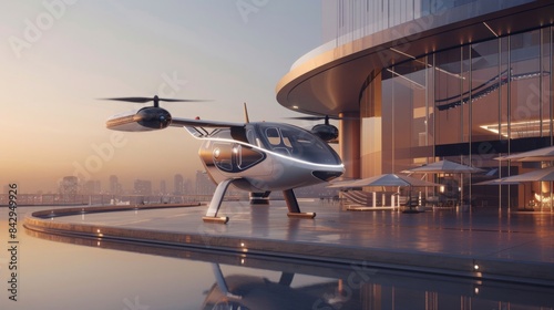 Providing a futuristic vision with an electric air taxi taking off from a vertiport, revolutionizing urban air mobility. --ar 16:9 --style raw Job ID: f79e3a53-3f6c-4765-bc45-bb6248340ca5