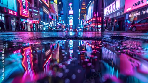 A neon-lit cityscape at night with reflections in puddles, showcasing vibrant urban life and the allure of city lights.