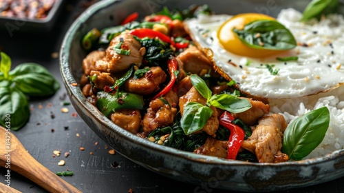 Close-up of a spicy Thai basil chicken stir-fry (pad kra pao gai) served with jasmine rice and a fried egg