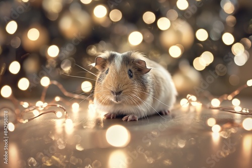 A cute guinea pig on the floor, with a shiny gold background and bokeh lights. The light is soft and warm, creating an atmosphere of joyous celebration. 