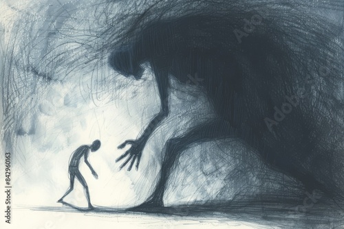 Drawing of a figure trying to escape from a large, overbearing shadow, representing the overpowering nature of anxiety