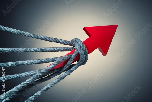 Red arrow intertwined with gray ropes on gradient background symbolizes challenge and resistance