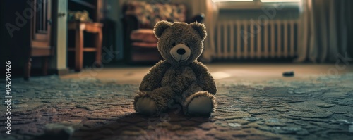 Teddy bear sitting alone on carpet in dark empty room