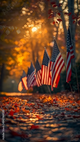 Multiple US flags in a row, golden hour lighting, fall foliage, bokeh effect, rich colors, detailed fabric texture, peaceful atmosphere 8K , high-resolution, ultra HD,up32K HD