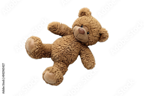 Cute and cuddly brown teddy bear lying on a transparent background. Perfect for children's toys and gift illustrations.