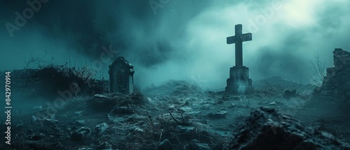 Old graveyard under a dark sky, Halloween night, mysterious fog, creepy shadows, horror theme 8K , high-resolution, ultra HD,up32K HD
