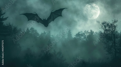 Bat soaring over foggy scene, ghostly shapes, full moon, Halloween party invite, bordered promotion poster 8K , high-resolution, ultra HD,up32K HD