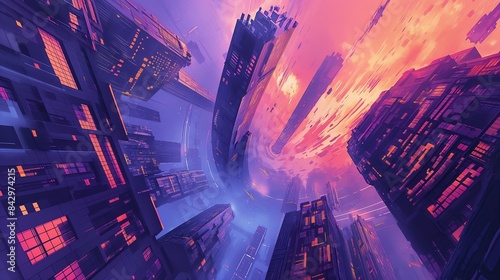 A futuristic cityscape painted by algorithms, with buildings that twist and turn in gravity-defying shapes against a neon-lit sky.