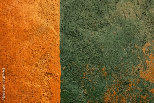 Textured background image of a weathered painted wall, with a bright orange side and a faded green side, separated by a vertical crack