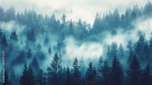 A serene image capturing the tranquil beauty of a forest with mist weaving through the layers of pine trees