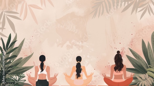three women sitting in lotus position in front of a jungle background