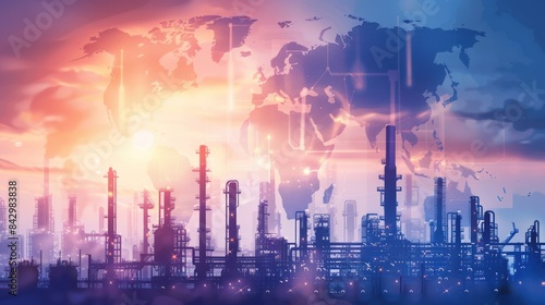 Futuristic petrochemical fuel gas power plant factory with virtual global map background