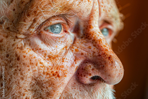 Portrait of elderly person with freckles, blue eyes, and detailed facial features