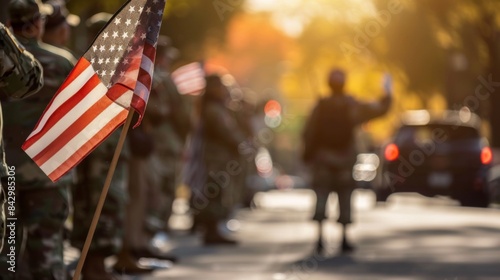 Veterans pay tribute to the flag in Memorial Day parade with blurred backdrop perfect for text overlay