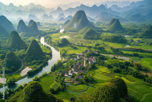 Aerial view of the magnificent landscape in Yangshuo, Guilin with its rolling mountains and green paddy fields.
