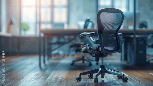 Empty office chair in a modern workspace with natural light.