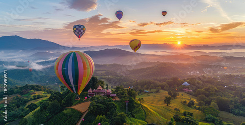 Colorful hot air balloons floating over the green landscape of Doi Suthep, Chiang Mai in Thailand at sunrise. 
