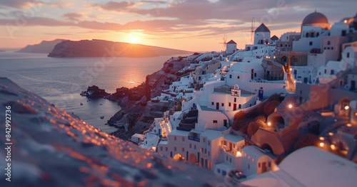 The sun sets over the whitewashed buildings of Oia, Santorini with the deep blue sea in view.