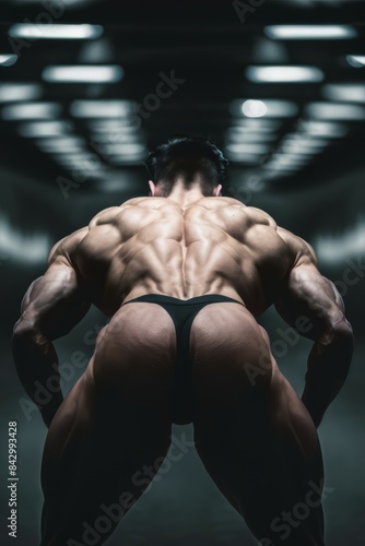 A bodybuilder in a black thong squatting with his back to the camera, AI