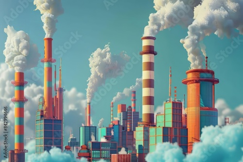 Carbon emissions visualized with clean energy alternatives replacing smokestacks and pollutants
