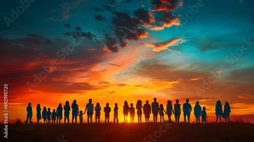 Silhouettes of diverse group of people on vibrant sunset, ,world population day unity community diversity inclusion collaboration teamwork concept