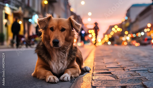 perro sentado acostado en medio de la calle en la banqueta solo disfrutando el atardecer del dia
