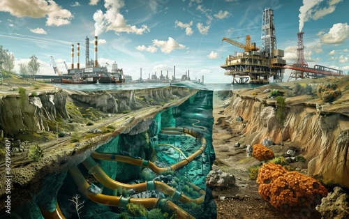 Fossil fuels represented by oil rigs, coal mines, and pipelines contributing to pollution