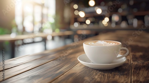 A white cup of coffee on a wooden table with a blurred cafe background.