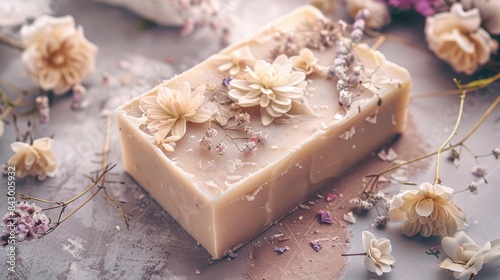 Artisan soap with floral decorations on a neutral backdrop