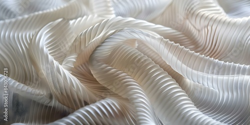Closeup of pleated nylon fabric with soft light emphasizing its pattern. Concept Closeup Photography, Textured Fabrics, Soft Lighting, Macro Shots, Pattern Emphasis