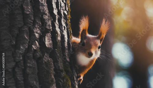 Curious red squirrel peeking behind the tree trunk. Wild animals in natural habitat. Wildlife