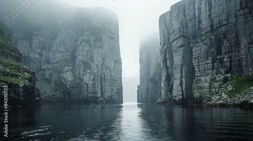 Two towering cliffs stand majestically on either side of a narrow fjord creating a peaceful gateway to the sea.