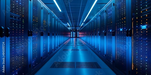 Petabyte Data Center is cool and quiet with the soft hum of servers. Concept Data Center Design, Server Noise Reduction, Cooling Systems, Reliable Infrastructure
