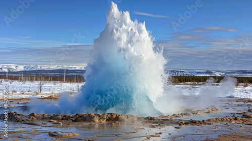 The powerful force of a geyser erupting captured in a single moment.