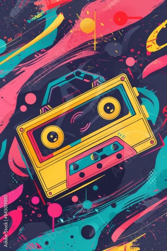 an illustration of a cassette player on a colorful background