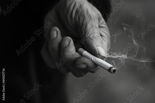 Close-up of a hand holding a smoking cigarette close-up, black and white 