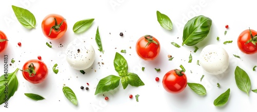 Buffalo mozzarella accompanied by basil leaves, cherry tomatoes, on a clean white background. An authentic taste of the Mediterranean with a clipping path.