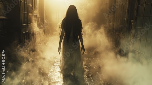 Eerie silhouette of a long-haired person in a foggy corridor with dramatic sunlight behind