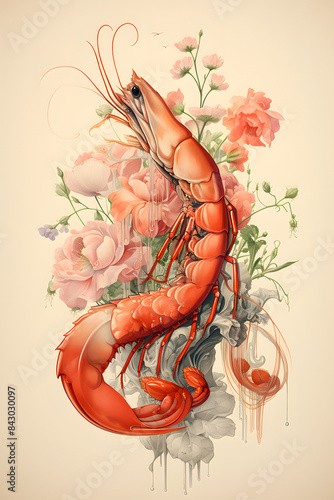 vintage style illustrated big shrimp gamba shrimp, tasty gamba shrimp illustration, shrimp sea food