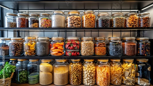 A neat display of various food ingredients in a modern pantry with organized glass jars on shelves